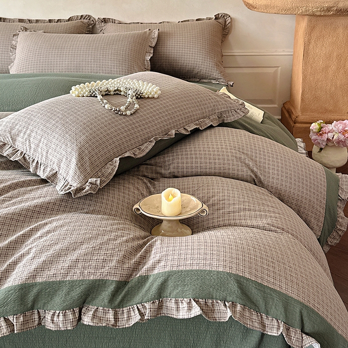 91家纺网 家纺一手货源 找家纺 遇见家居生活馆 2025新款亚麻双层纱印花四件套-往事 往事-深灰色