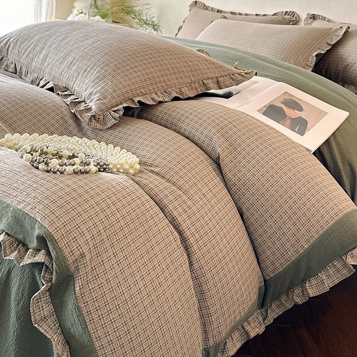 91家纺网 家纺一手货源 找家纺 遇见家居生活馆 2025新款亚麻双层纱印花四件套-往事 往事-深灰色