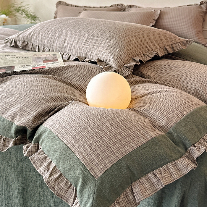 91家纺网 家纺一手货源 找家纺 遇见家居生活馆 2025新款亚麻双层纱印花四件套-往事 往事-深灰色