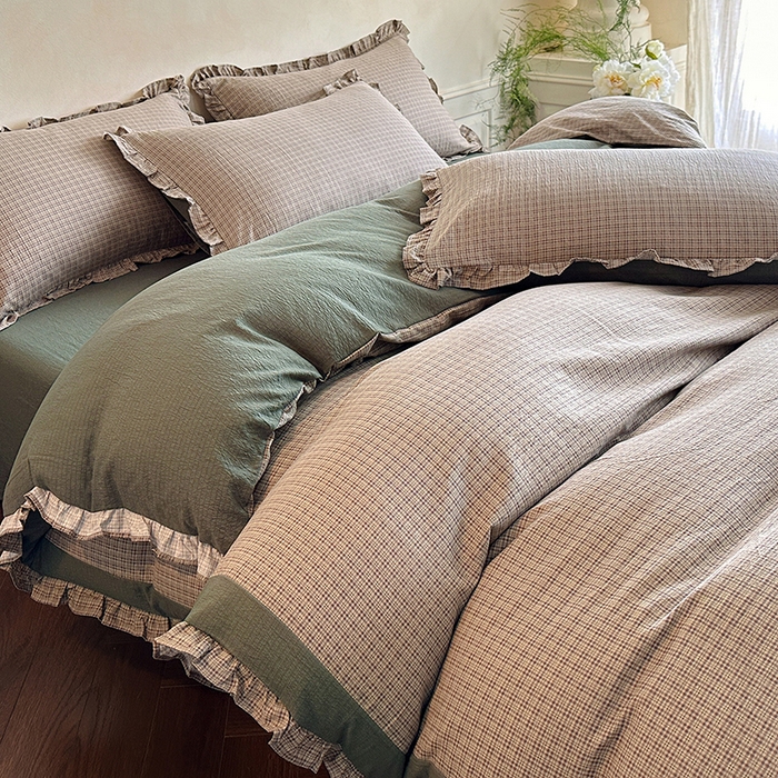 91家纺网 家纺一手货源 找家纺 遇见家居生活馆 2025新款亚麻双层纱印花四件套-往事 往事-深灰色