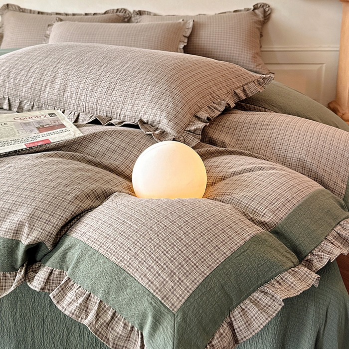 91家纺网 家纺一手货源 找家纺 遇见家居生活馆 2025新款亚麻双层纱印花四件套-往事 往事-深灰色