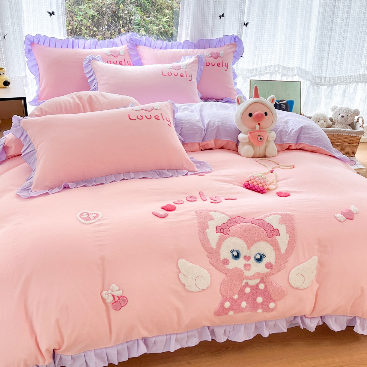 91家纺网 家纺一手货源 找家纺 泉欣家纺 2026新品网红卡通公主风毛巾绣花水洗棉四件套（专版花型）风铃团团 风铃团团  粉紫