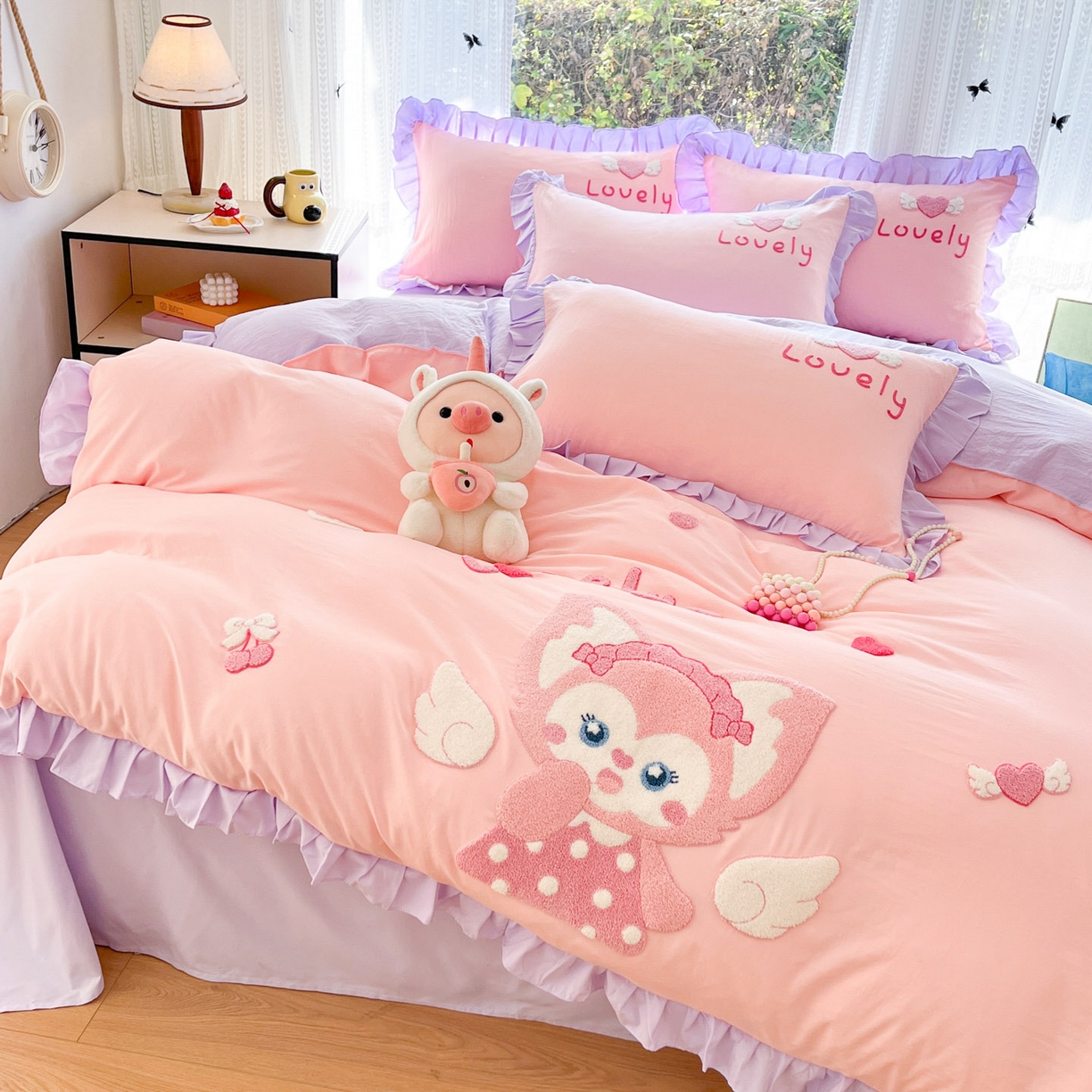 91家纺网 家纺一手货源 找家纺 泉欣家纺 2026新品网红卡通公主风毛巾绣花水洗棉四件套（专版花型）风铃团团 风铃团团  粉紫