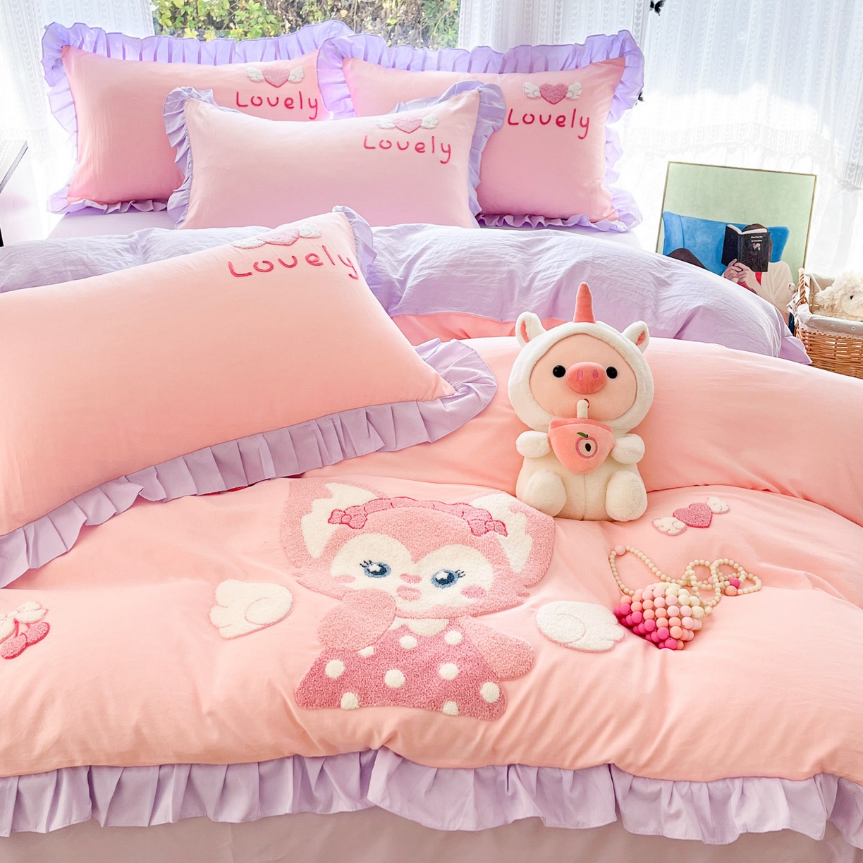 91家纺网 家纺一手货源 找家纺 泉欣家纺 2026新品网红卡通公主风毛巾绣花水洗棉四件套（专版花型）风铃团团 风铃团团  粉紫