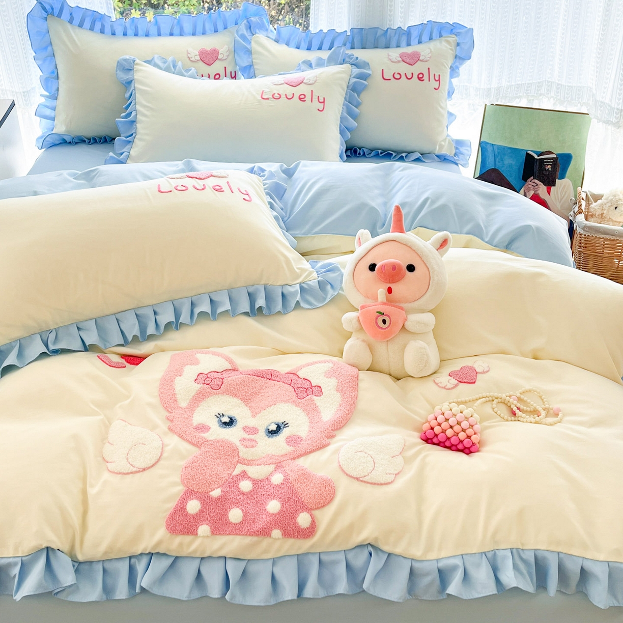 91家纺网 家纺一手货源 找家纺 泉欣家纺 2026新品网红卡通公主风毛巾绣花水洗棉四件套（专版花型）风铃团团 风铃团团  奶黄粉