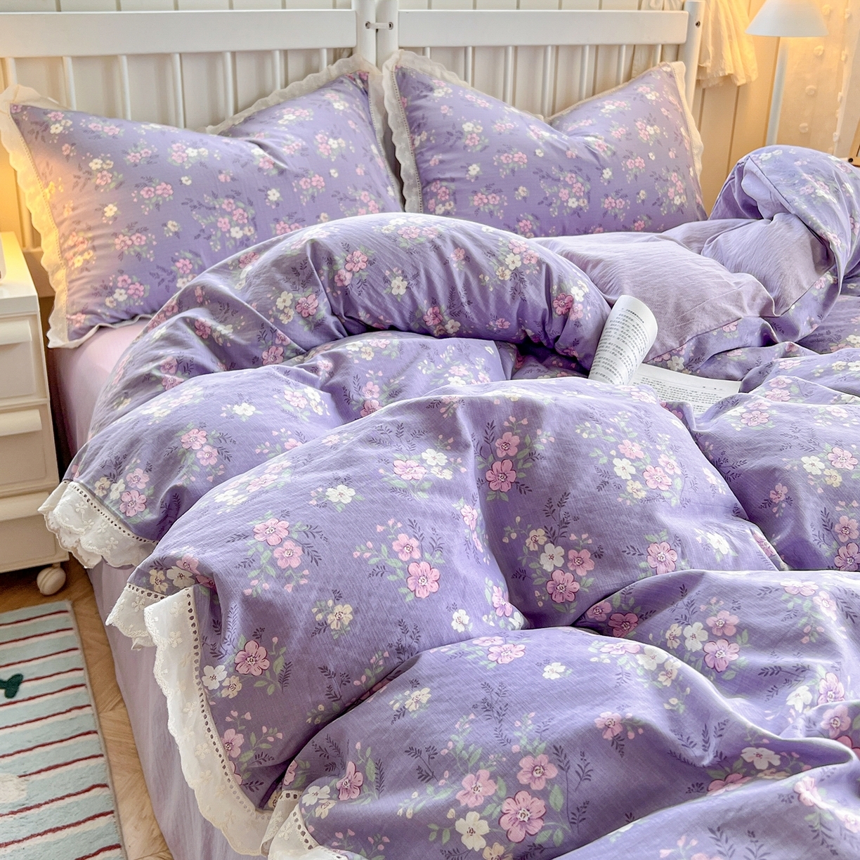 91家纺网 家纺一手货源 找家纺 （总）赫然家纺 2025新款云感皱皱双层纱法式镂空全棉花边款单被套