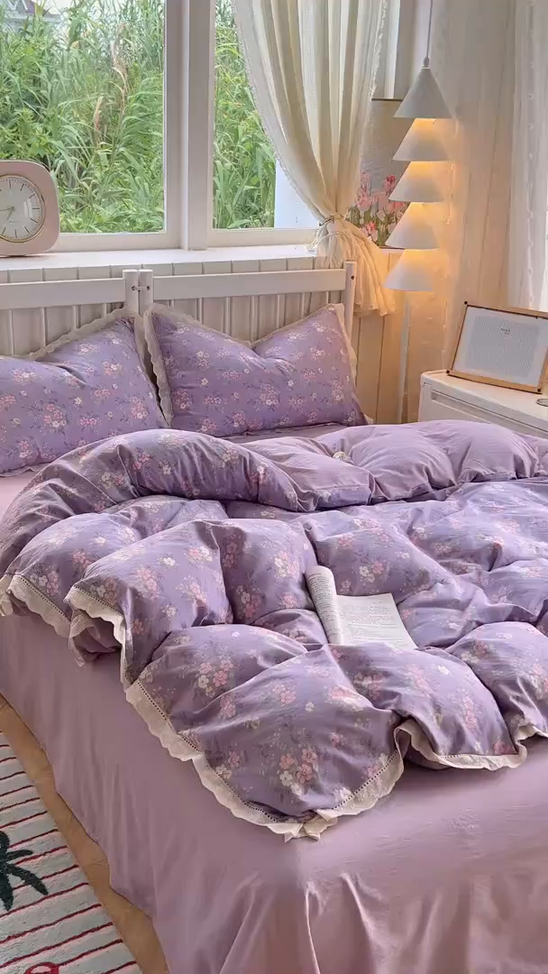 91家纺网 家纺一手货源 找家纺 （总）赫然家纺 2025新款云感皱皱双层纱法式镂空全棉花边款单被套