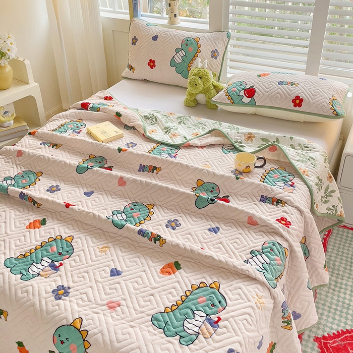 91家纺网 家纺一手货源 找家纺 羽爱 2025新款棉加绒床盖套件 可爱恐龙