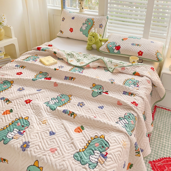 91家纺网 家纺一手货源 找家纺 羽爱 2025新款棉加绒床盖套件 可爱恐龙