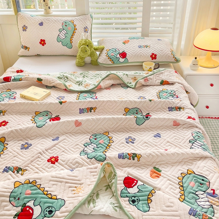 91家纺网 家纺一手货源 找家纺 羽爱 2025新款棉加绒床盖套件 可爱恐龙