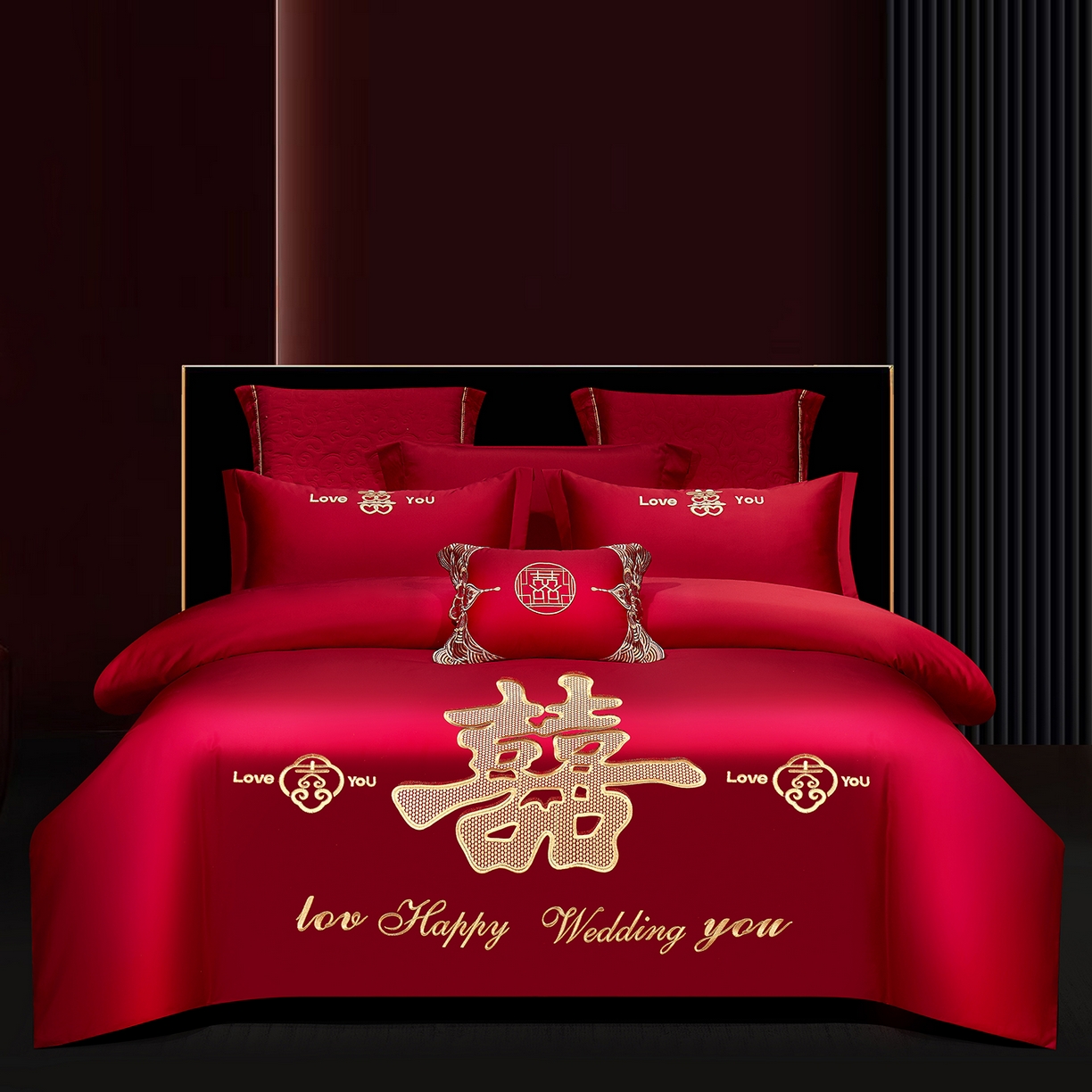 91家纺网 家纺一手货源 找家纺 （总）浩情国际婚庆供货中心 2026新款100%全棉纯棉新中式刺绣大红结婚婚庆四件套多件套