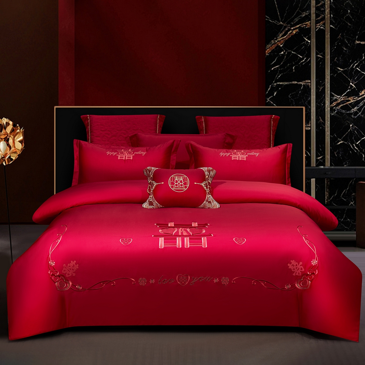 91家纺网 家纺一手货源 找家纺 （总）浩情国际婚庆供货中心 2026新款100%全棉纯棉新中式刺绣大红结婚婚庆四件套多件套