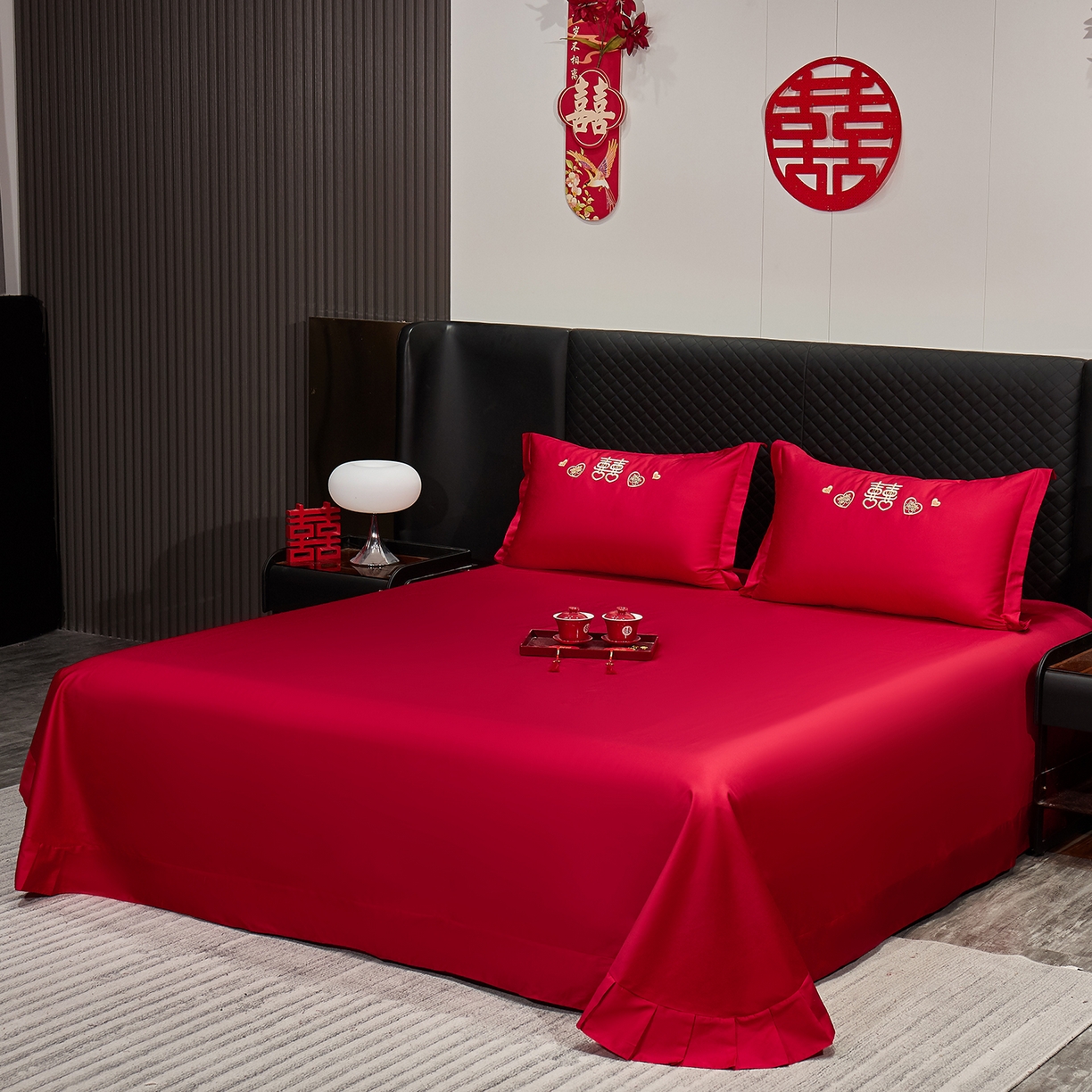 91家纺网 家纺一手货源 找家纺 浩情国际婚庆供货中心 2026新款100%全棉纯棉新中式刺绣大红结婚婚庆四件套多件套 HQ-百年好合