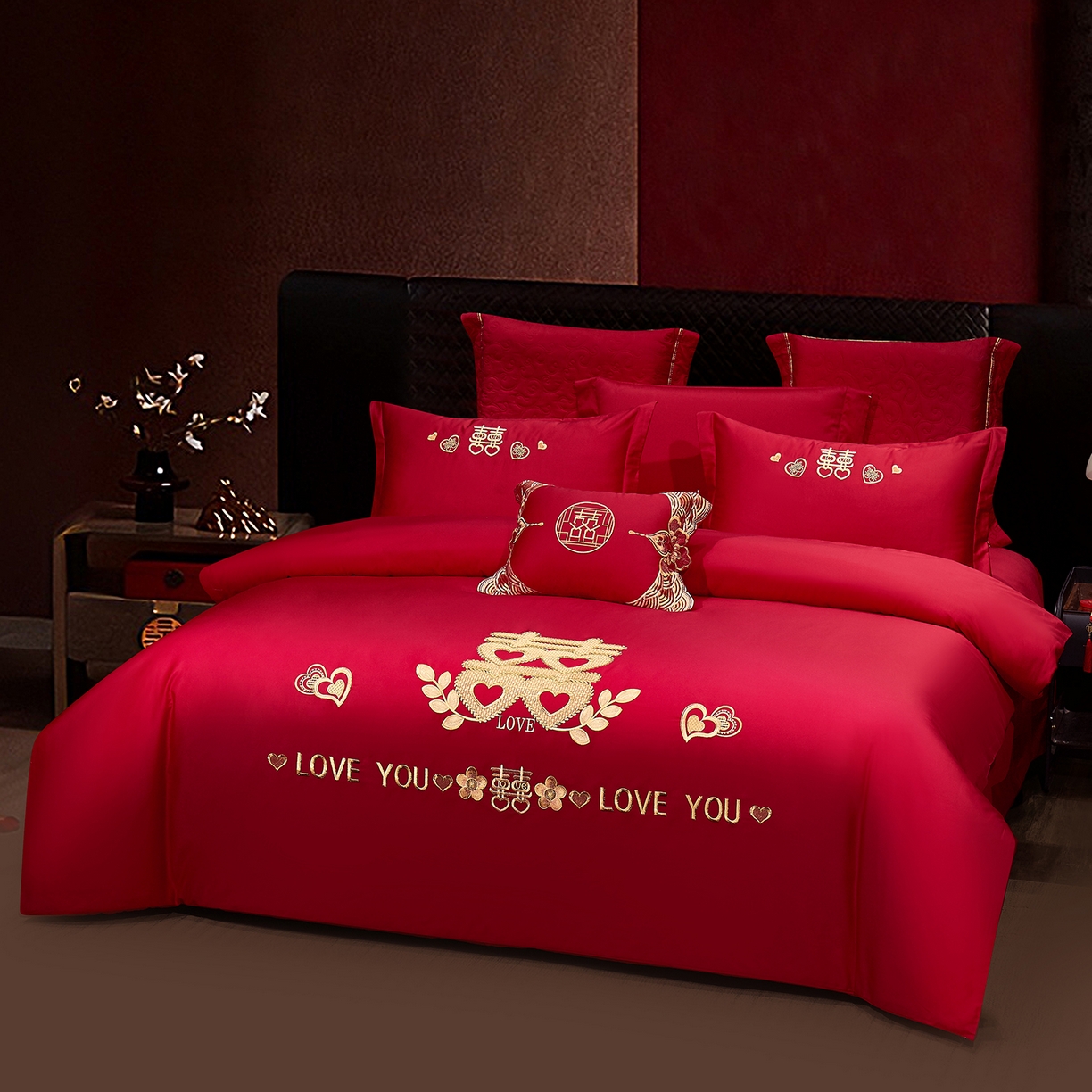 91家纺网 家纺一手货源 找家纺 浩情国际婚庆供货中心 2026新款100%全棉纯棉新中式刺绣大红结婚婚庆四件套多件套 HQ-百年好合