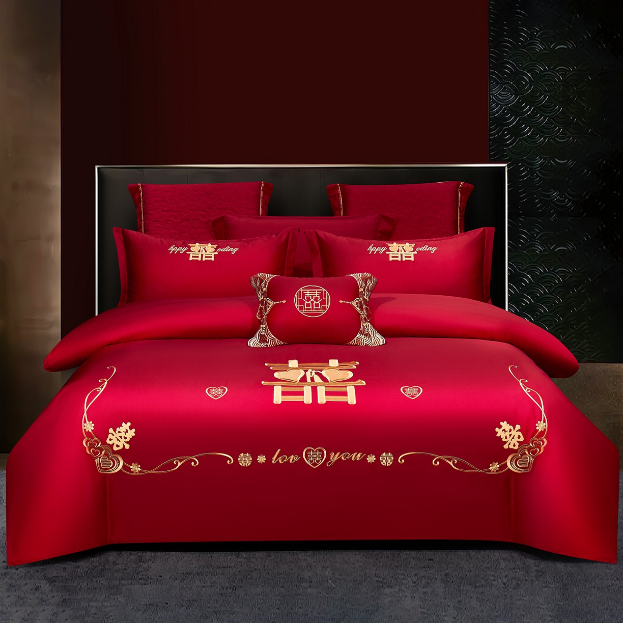 91家纺网 家纺一手货源 找家纺 （总）浩情国际婚庆供货中心 2026新款100%全棉纯棉新中式刺绣大红结婚婚庆四件套多件套