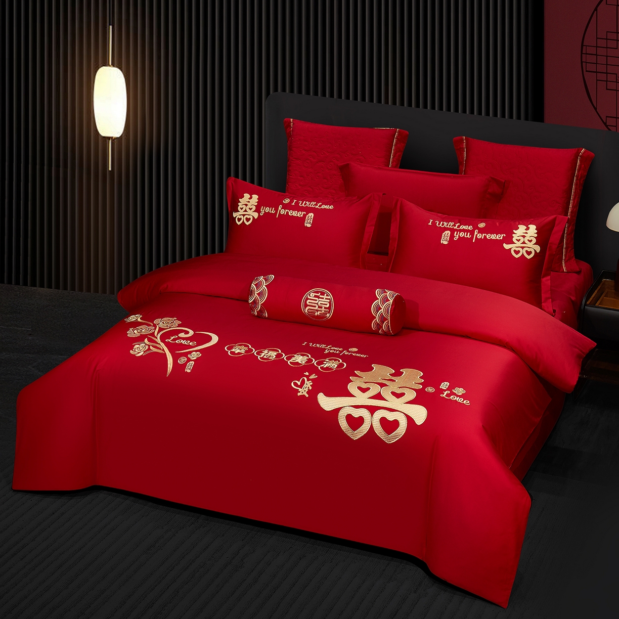 91家纺网 家纺一手货源 找家纺 浩情国际婚庆供货中心 2026新款100%全棉纯棉新中式刺绣大红结婚婚庆四件套多件套 HQ-幸福美满