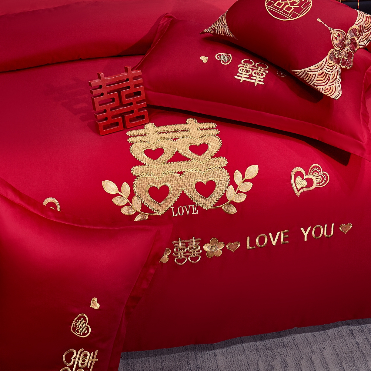 91家纺网 家纺一手货源 找家纺 （总）浩情国际婚庆供货中心 2026新款100%全棉纯棉新中式刺绣大红结婚婚庆四件套多件套