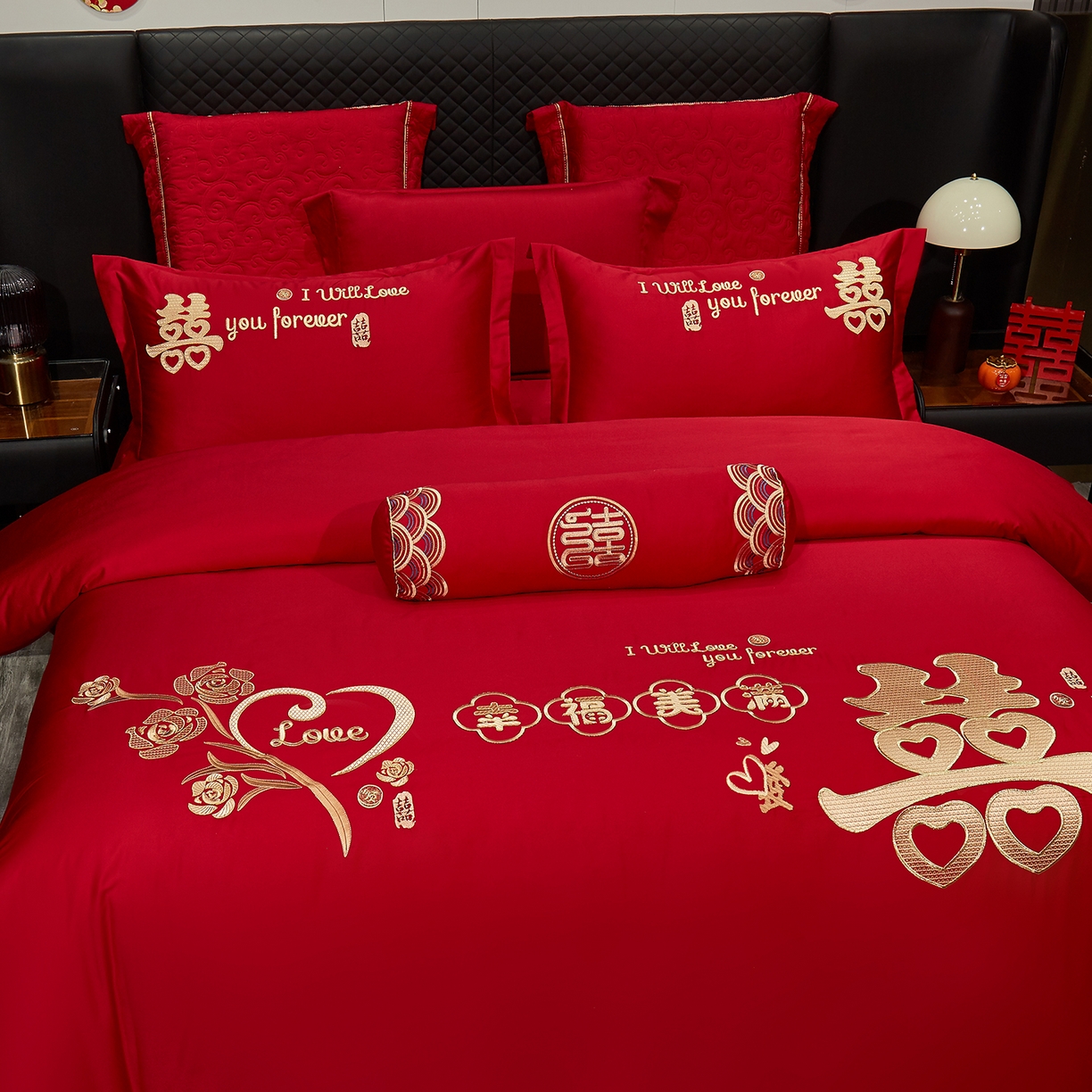 91家纺网 家纺一手货源 找家纺 浩情国际婚庆供货中心 2026新款100%全棉纯棉新中式刺绣大红结婚婚庆四件套多件套 HQ-幸福美满