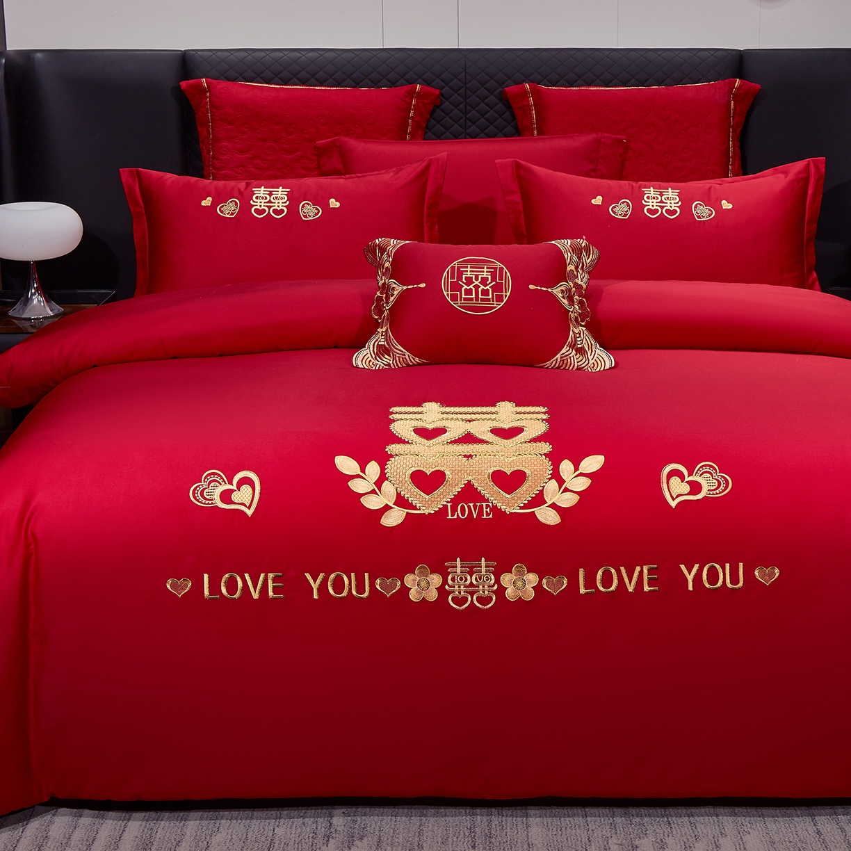 91家纺网 家纺一手货源 找家纺 浩情国际婚庆供货中心 2026新款100%全棉纯棉新中式刺绣大红结婚婚庆四件套多件套 HQ-百年好合