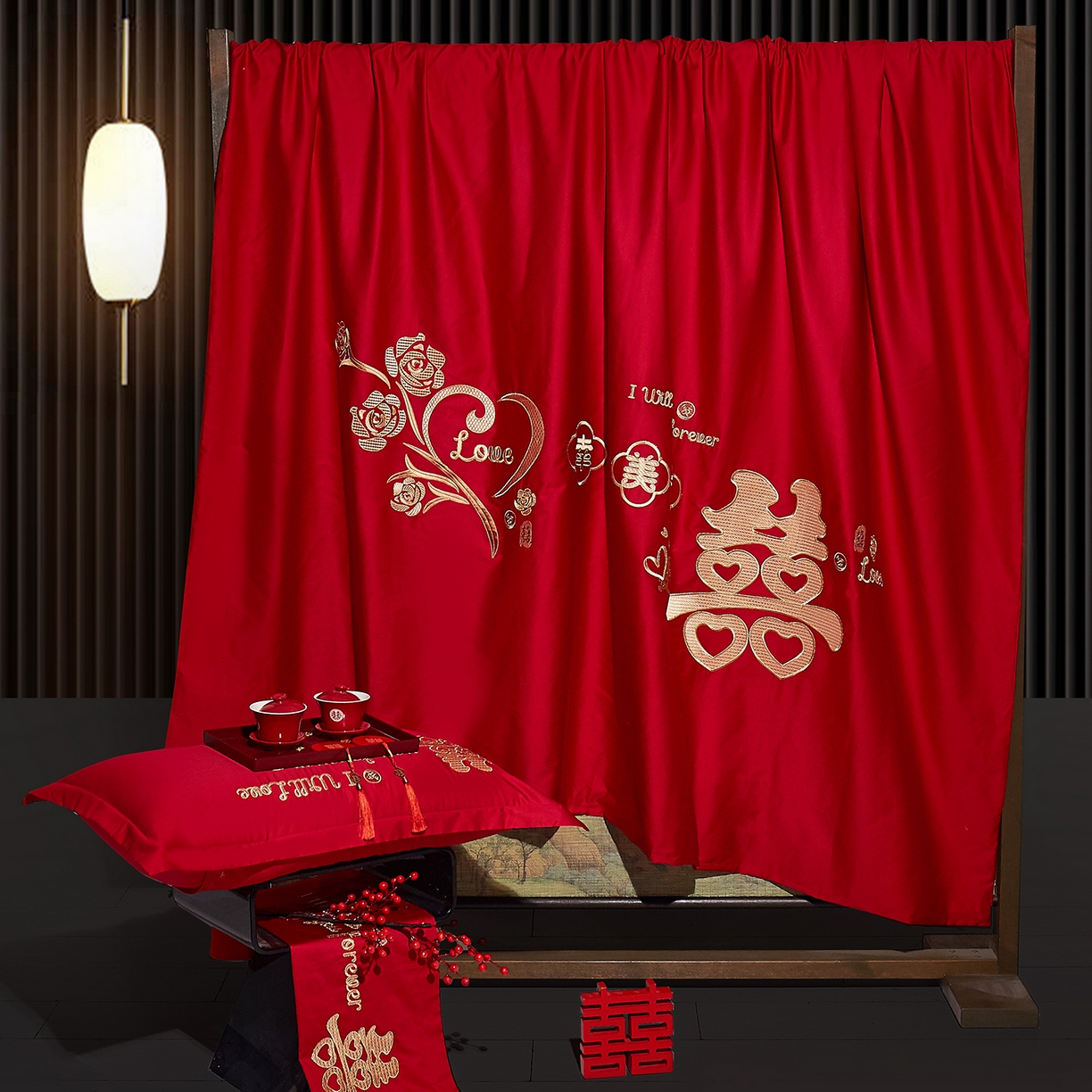 91家纺网 家纺一手货源 找家纺 浩情国际婚庆供货中心 2026新款100%全棉纯棉新中式刺绣大红结婚婚庆四件套多件套 HQ-幸福美满