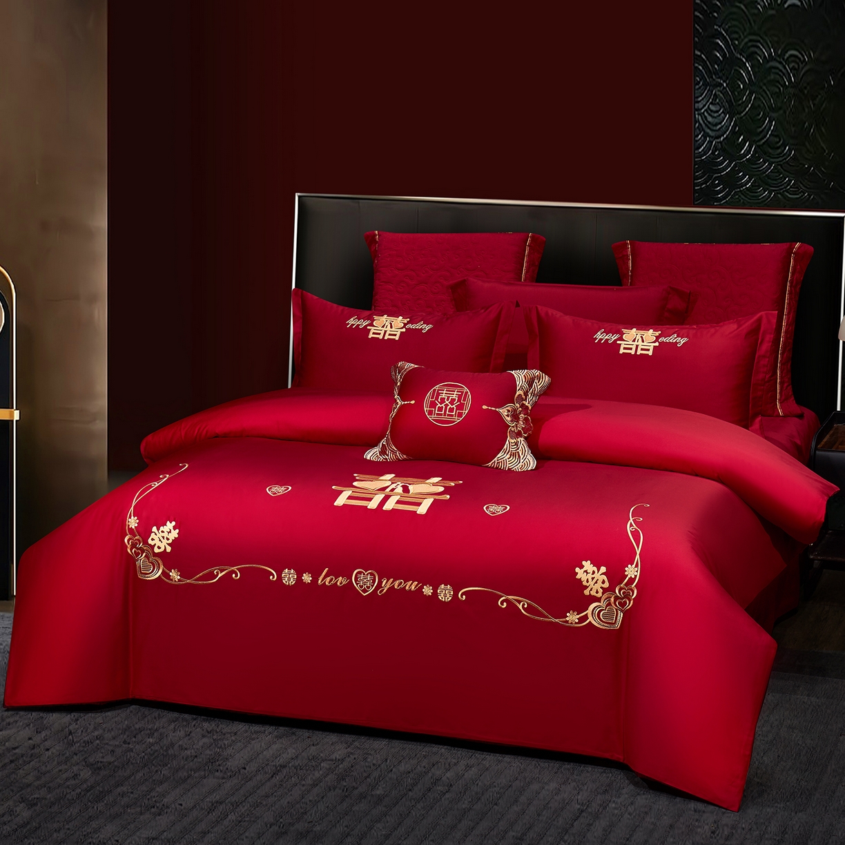 91家纺网 家纺一手货源 找家纺 浩情国际婚庆供货中心 2026新款100%全棉纯棉新中式刺绣大红结婚婚庆四件套多件套 HQ-心囍（金）