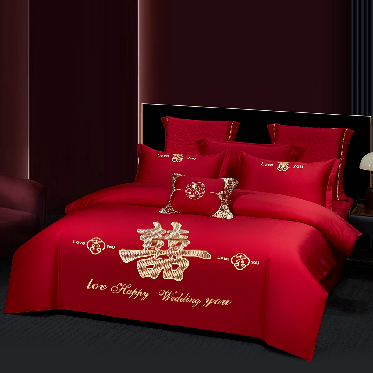 91家纺网 家纺一手货源 找家纺 浩情国际婚庆供货中心 2026新款100%全棉纯棉新中式刺绣大红结婚婚庆四件套多件套 HQ-大囍事