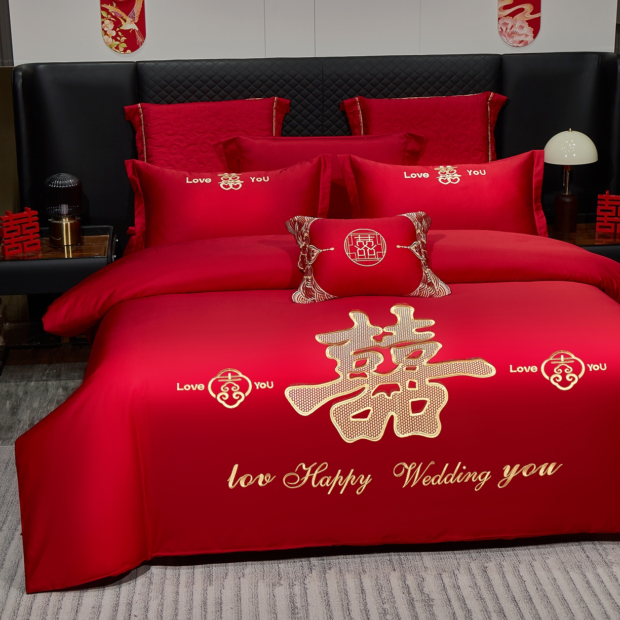 91家纺网 家纺一手货源 找家纺 浩情国际婚庆供货中心 2026新款100%全棉纯棉新中式刺绣大红结婚婚庆四件套多件套 HQ-大囍事