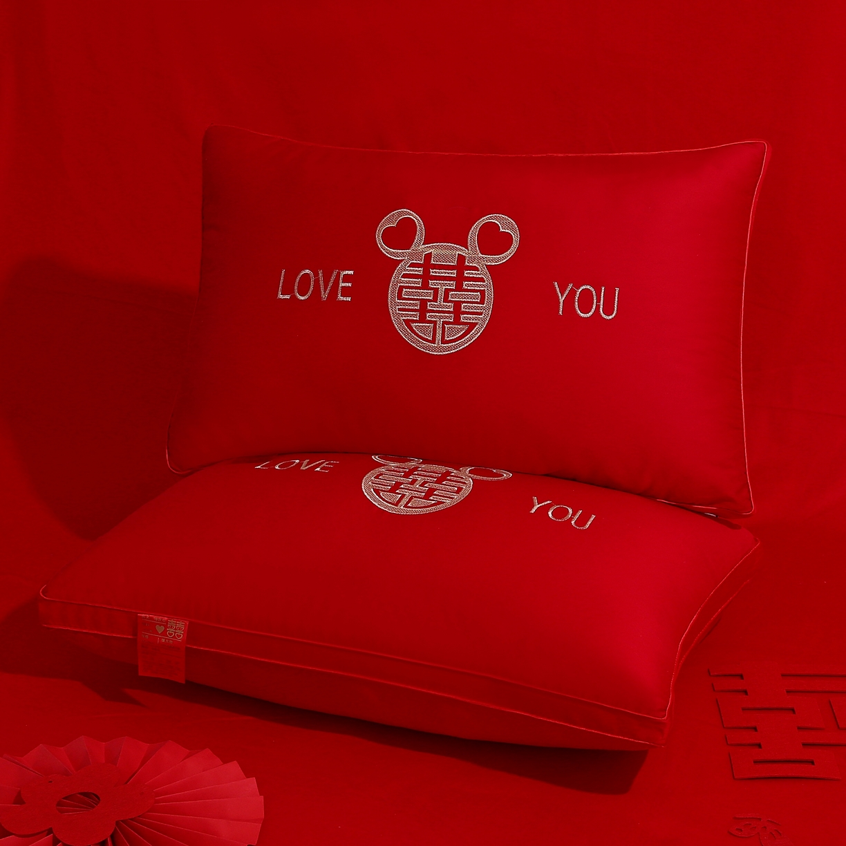 91家纺网 家纺一手货源 找家纺 佳尚枕芯 2025新款婚庆枕大红枕芯结婚专用枕头枕芯 米奇love you