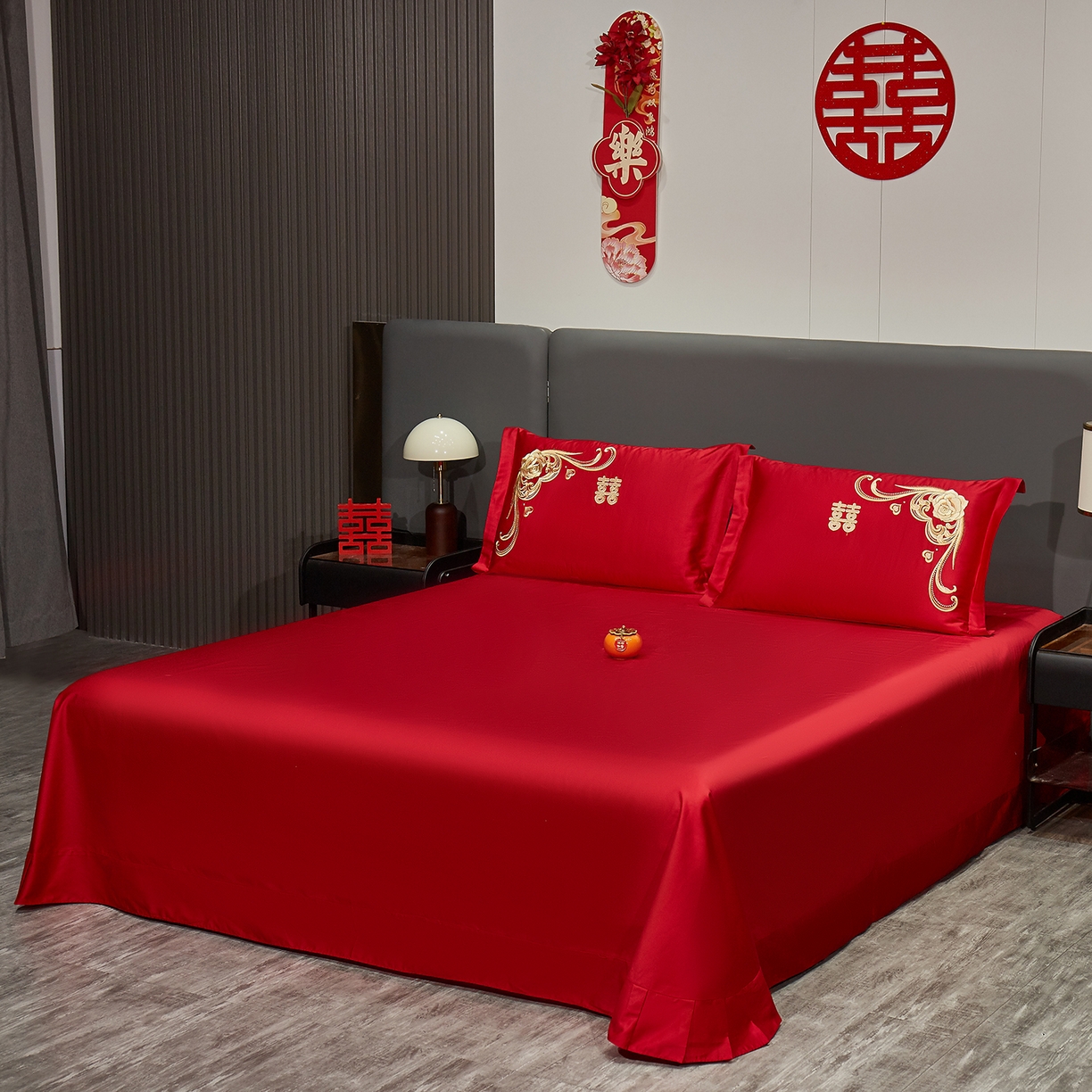 91家纺网 家纺一手货源 找家纺 浩情国际婚庆供货中心 2026新款100%全棉纯棉新中式刺绣大红结婚婚庆四件套多件套 HQ-囍结良缘