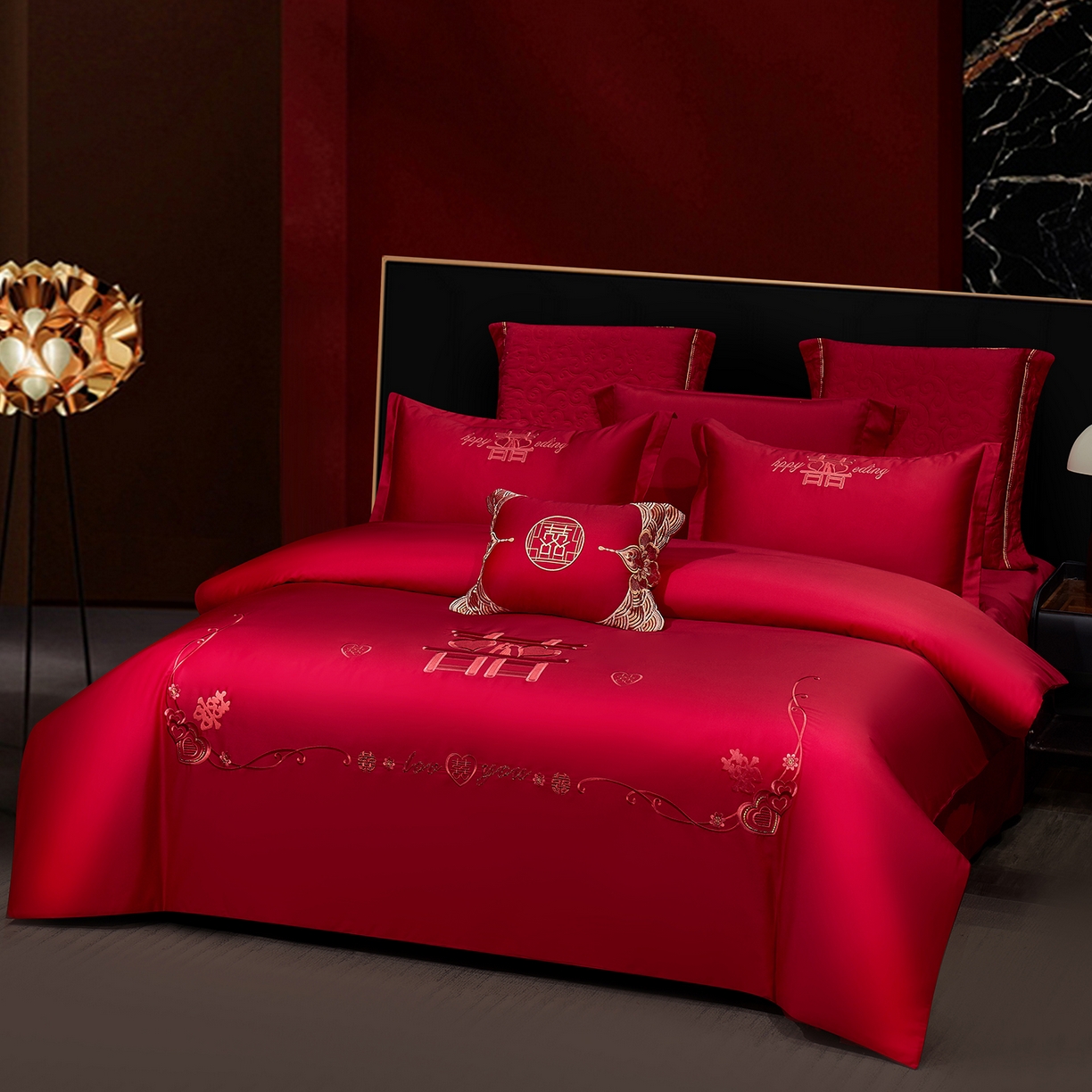 91家纺网 家纺一手货源 找家纺 浩情国际婚庆供货中心 2026新款100%全棉纯棉新中式刺绣大红结婚婚庆四件套多件套 HQ-情投意合