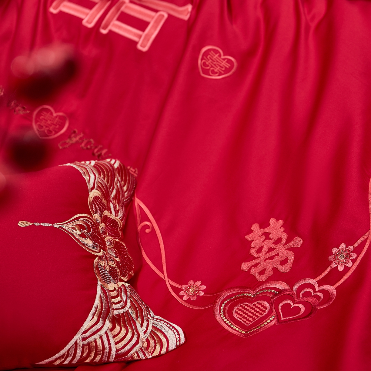 91家纺网 家纺一手货源 找家纺 浩情国际婚庆供货中心 2026新款100%全棉纯棉新中式刺绣大红结婚婚庆四件套多件套 HQ-情投意合