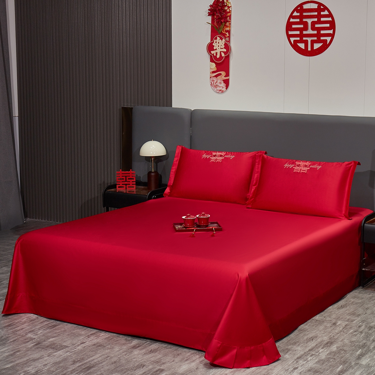 91家纺网 家纺一手货源 找家纺 浩情国际婚庆供货中心 2026新款100%全棉纯棉新中式刺绣大红结婚婚庆四件套多件套 HQ-情投意合