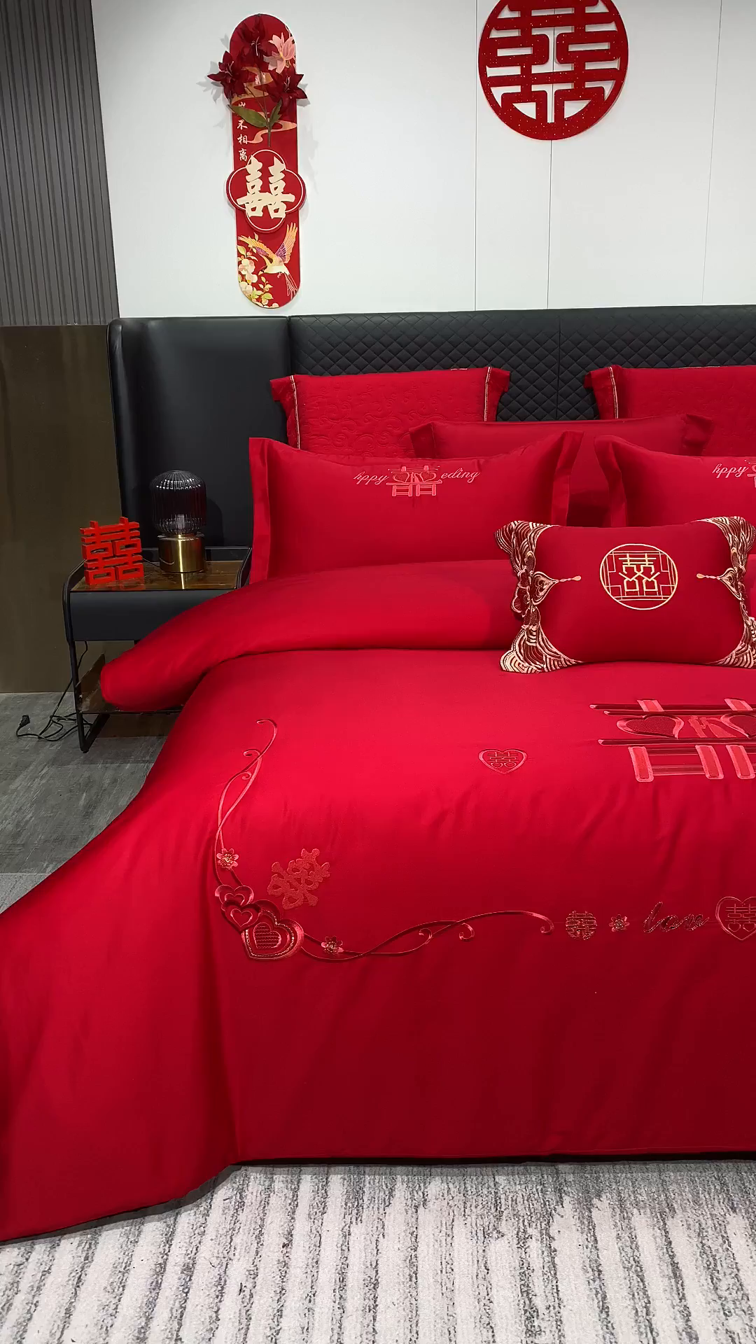 91家纺网 家纺一手货源 找家纺 浩情国际婚庆供货中心 2026新款100%全棉纯棉新中式刺绣大红结婚婚庆四件套多件套 HQ-情投意合