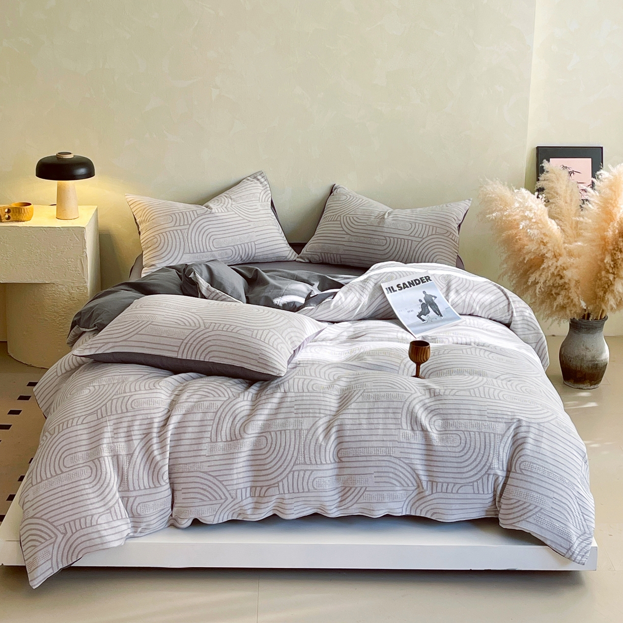 春皖家纺 2026新款A类全棉三层纱AB版简约四件套-风格二 瑞拉-灰