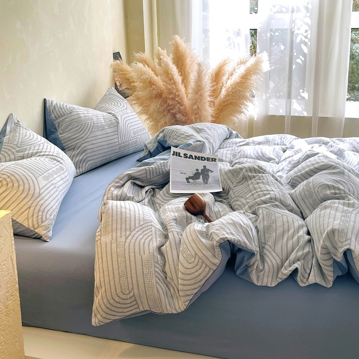 91家纺网 家纺一手货源 找家纺 春皖家纺 2026新款A类全棉三层纱AB版简约四件套-风格二 瑞拉-蓝