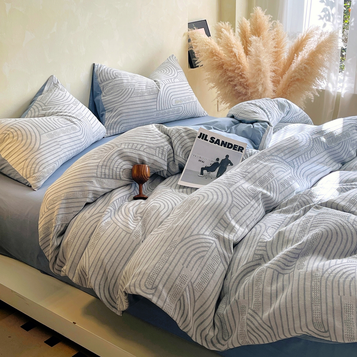 91家纺网 家纺一手货源 找家纺 春皖家纺 2026新款A类全棉三层纱AB版简约四件套-风格二 瑞拉-蓝