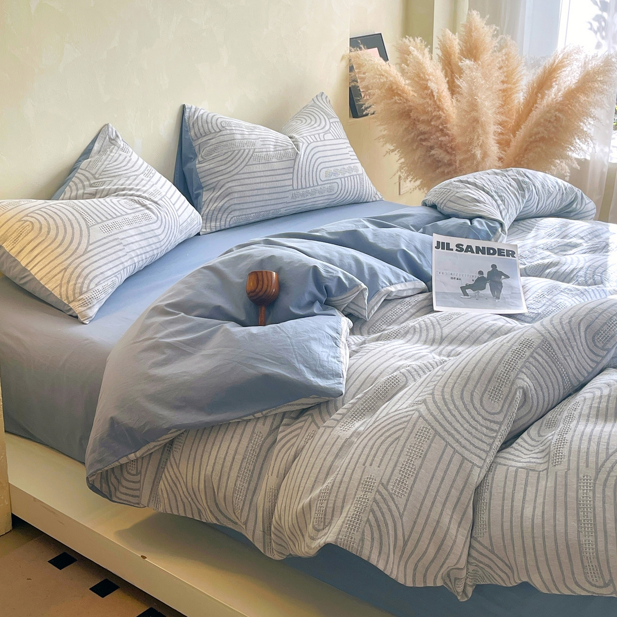 91家纺网 家纺一手货源 找家纺 春皖家纺 2026新款A类全棉三层纱AB版简约四件套-风格二 瑞拉-蓝