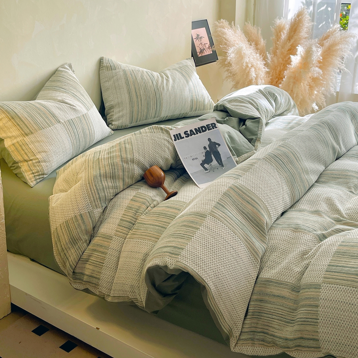 91家纺网 家纺一手货源 找家纺 春皖家纺 2026新款A类全棉三层纱AB版简约四件套-风格二 森屿