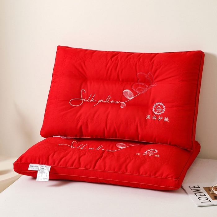佳尚枕芯 2025新款美白亲肤刺绣羽丝定型枕护颈枕枕头枕芯 护颈枕美白护肤大红