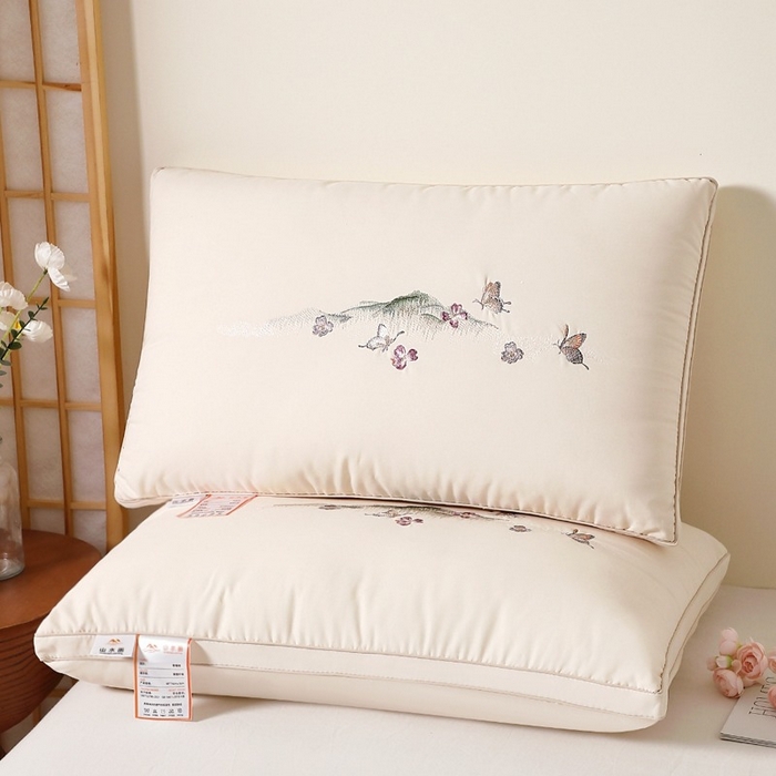 佳尚枕芯 2025新款亲肤刺绣羽丝枕糯糯棉国风刺绣山水画枕芯枕头 山水画白色