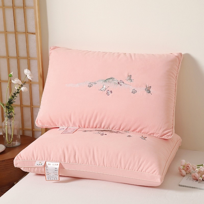 佳尚枕芯 2025新款亲肤刺绣羽丝枕糯糯棉国风刺绣山水画枕芯枕头 山水画粉色