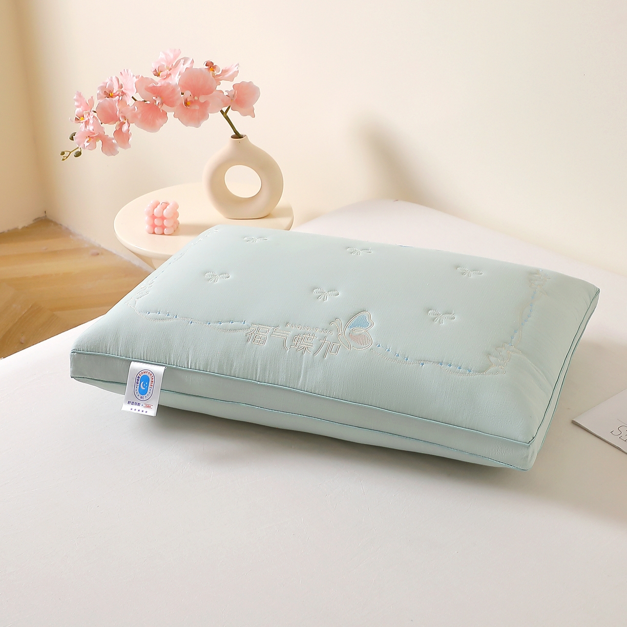 91家纺网 家纺一手货源 找家纺 佳尚枕芯 2025新款亲肤木棉福气蝶加枕头枕芯 绿色