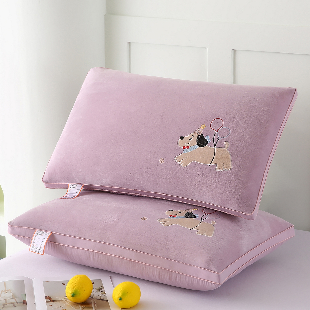 佳尚枕芯 2025新款水晶绒保暖枕卡通绣花超柔学生枕枕头枕芯 小狗-紫色