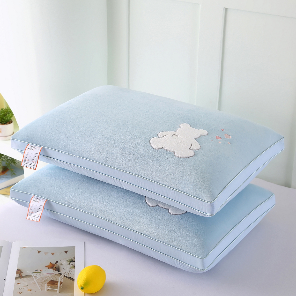 91家纺网 家纺一手货源 找家纺 佳尚枕芯 2025新款水晶绒保暖枕卡通绣花超柔学生枕枕头枕芯 小熊-天蓝