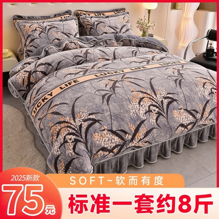 赛丽雅 2025新款牛奶绒床裙四件套8-9斤法莱绒直播爆款日产2万套 丛草集-灰