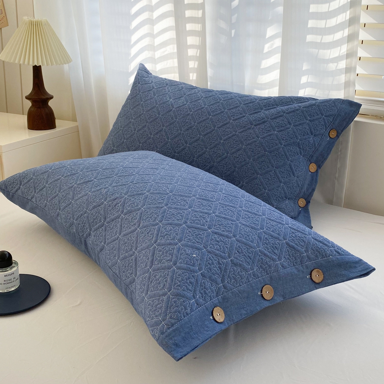 美宜家 2026新款全棉枕头套高密色织水洗加棉绗缝高端纯色枕套 极简仔兰