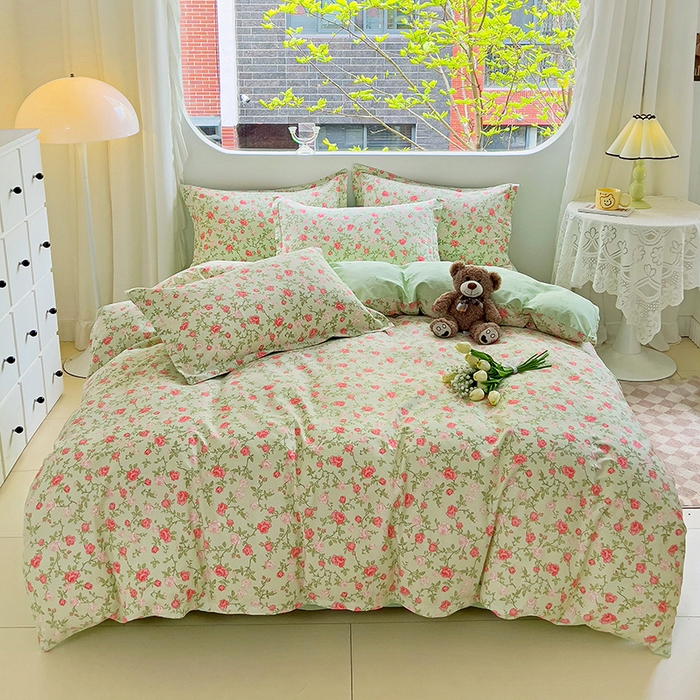 91家纺网 家纺一手货源 找家纺 （总）曲之慕 2026春夏新款全棉纯棉小清新印花系列四件套床单床笠