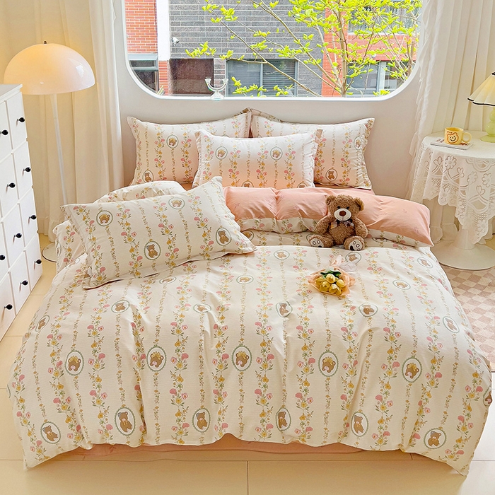 91家纺网 家纺一手货源 找家纺 （总）曲之慕 2026春夏新款全棉纯棉小清新印花系列四件套床单床笠