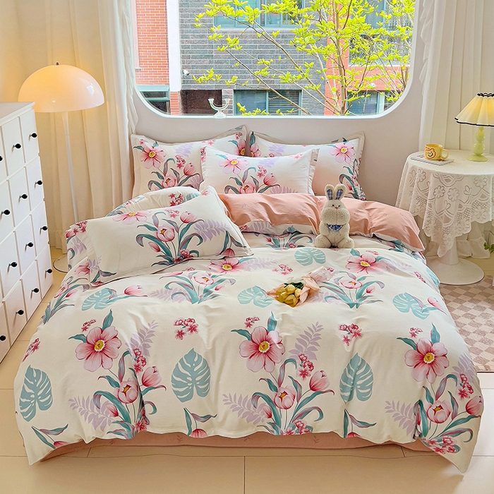 91家纺网 家纺一手货源 找家纺 （总）曲之慕 2026春夏新款全棉纯棉小清新印花系列四件套床单床笠