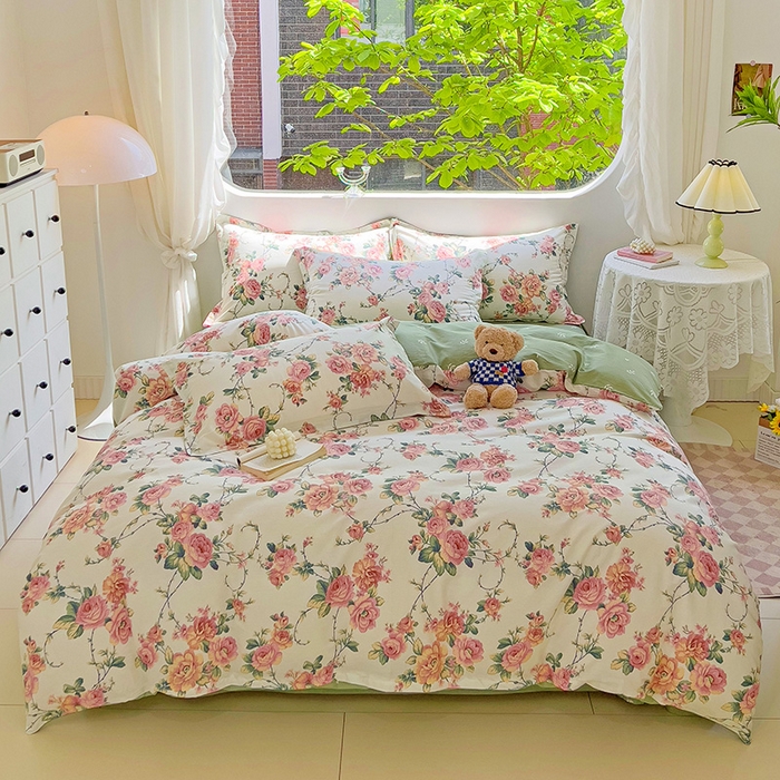 91家纺网 家纺一手货源 找家纺 曲之慕 2026春夏新款全棉纯棉小清新印花系列四件套床单床笠 玫瑰花藤